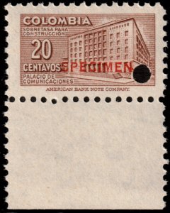 ✔️ COLOMBIA 1952 POST OFFICE  SPECIMEN & PUNCH Mi. 638 SC.602 MNH KEY VAL [037]