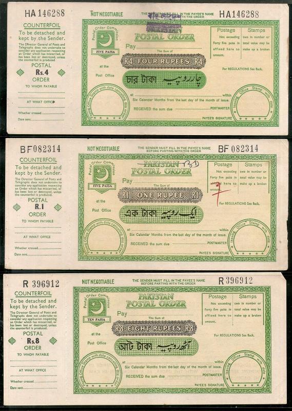 Pakistan O/p Bangladesh 3 Different Postal order with Counterfoil Unused # 16619