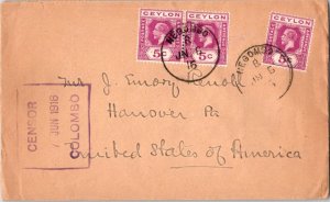 Ceylon 5c KGV (3) 1916 Negombo to Hanover, Penn.  Colombo Ceylon Censor.