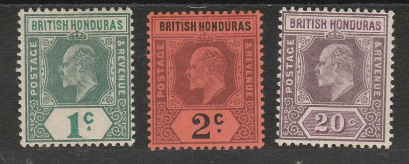 BRITISH HONDURAS 1902 KEVII 1C 2C AND 20C WMK CROWN CA