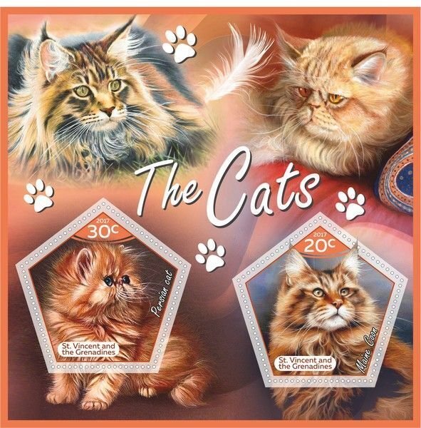 Stamps. Fauna Domestic Cats  1+1 sheets perforated 2017 year St. Vincent