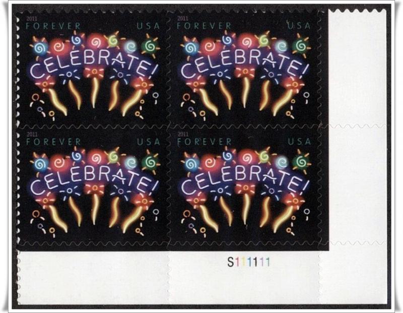 SC#4502 (44¢) Celebrate Plate Block: LR #S111111 (2011) SA