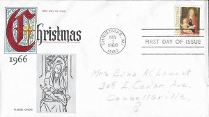 1966 FDC, #1321, 5c Christmas, Fluegel Covers