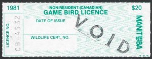 1981 Canada MANITOBA Non Resident (Canadian) $20 GAME BIRD Hunting Revenue VF-