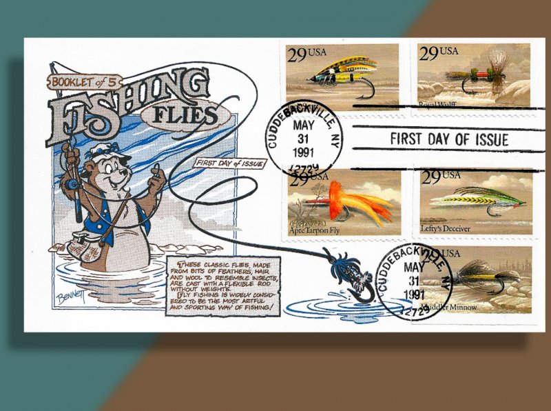 All 5 Fishing Flies Stamps on Bennett Cachetoons FDC from 1991