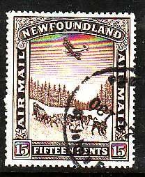 Newfoundland-Sc#C6- id11-used 15c brown Airmail-Planes-Dogs-1931-