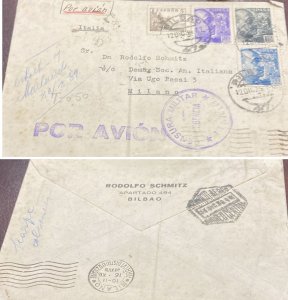 D)1939, SPAIN, LETTER CIRCULATED TO ITALY, AIR MAIL, WITH MILITARY CENSORSHIP CA