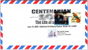 US SPECIAL EVENT COVER POSTMARK CENTENARIAN 100 AT WALSH COLORADO 2000