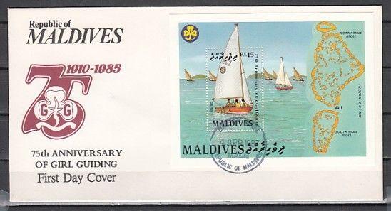 Maldives, Scott cat. 1245. Girl Scout Anniversary s/sheet. First day cover.