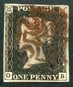 Penny Black (OB) Plate 8 (corner bend) Four Margins