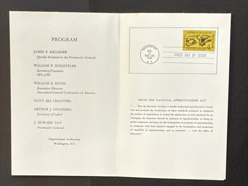 1962 Apprenticeship Program 4 cent Stamp First Day Ceremony Program Sc# 1201