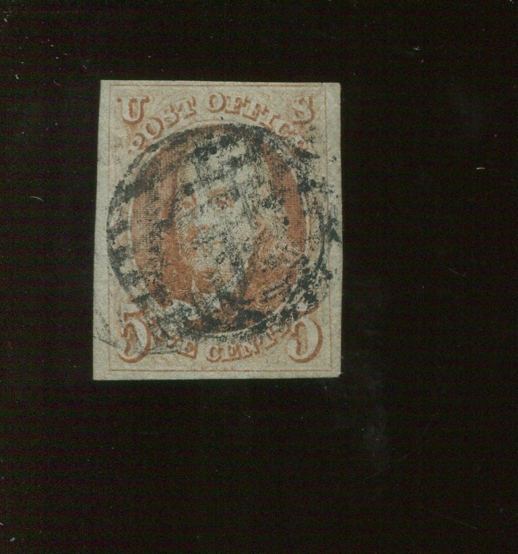 1 Franklin Imperf Used Stamp with Black Grid Cancel with PSE Cert (Bz 222)