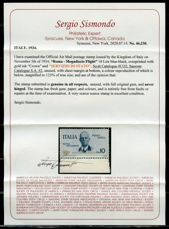 ITALY OFFICIAL AIRMAIL MARGIN COPY  SCOTT#CO2 SAS S.A.#2 MINT NH