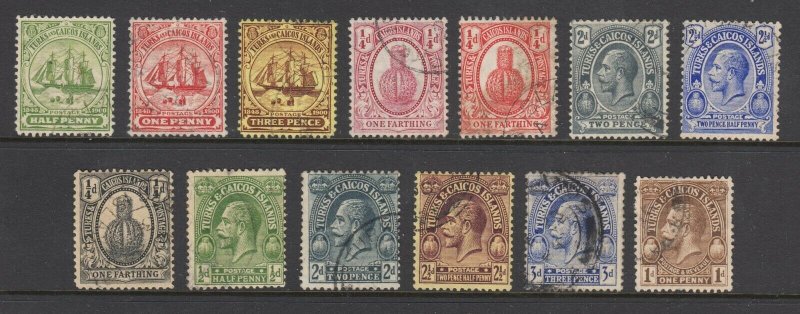 Turks & Caicos Sc 10-12,23-24,39,40,44,45,48-50,61 used. 1905-28 issues, 13 diff