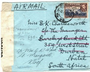 CEYLON WW2 Cover Badulla CENSOR South Africa SCARCE *DEMOCRACY* LABEL 1945 LS93