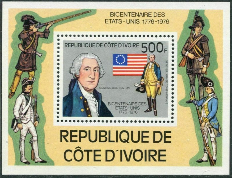 Ivory Coast 426,MNH.Michel 502 Bl.6. USA-200,1976.George Washington,Flag.