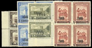 Paraguay #C154-157var, 1946 Surcharges, set of four in blocks of four, all wi...