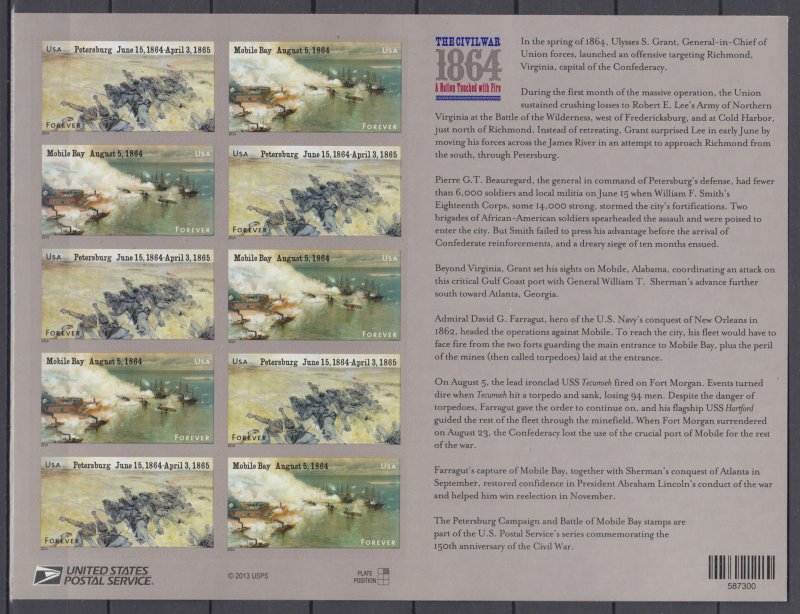 ​USA Sc#4911a Civil War 1864 Full Sheet of 12 Forever Stamps MNH