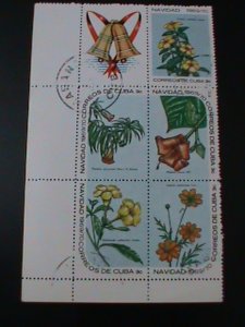 ​CUBA-1969-SC#1473a CHRISTMAS-LOVELY WILD FLOWERS IMPRINT BLOCK FANCY CANCEL VF