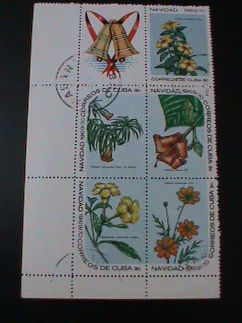 ​CUBA-1969-SC#1473a CHRISTMAS-LOVELY WILD FLOWERS IMPRINT BLOCK FANCY CANCEL VF