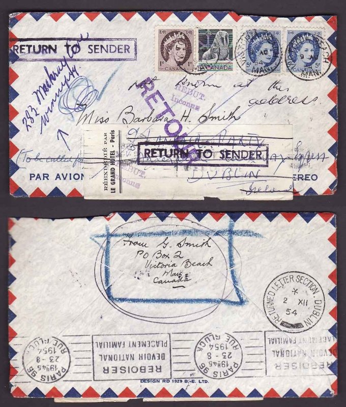 Canada-cover #14082-DLO-4c Walrus+1c+5c(2) Wilding on airmail- France-Victoria B