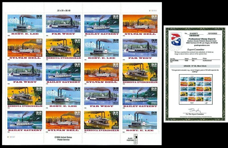 Scott 3095b 1996 32c Riverboats SPECIAL DIE CUT Mint Sheet Cat $140 w/ PSE CERT!
