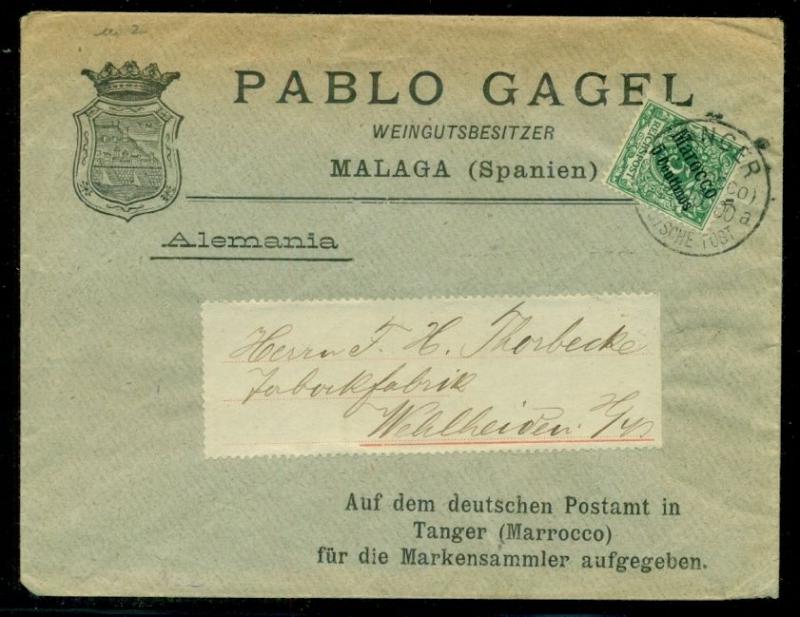 GERMAN COLONIES OFFICES IN MOROCCO 1900, cover tied TANGIER to WEHLHEIDEN