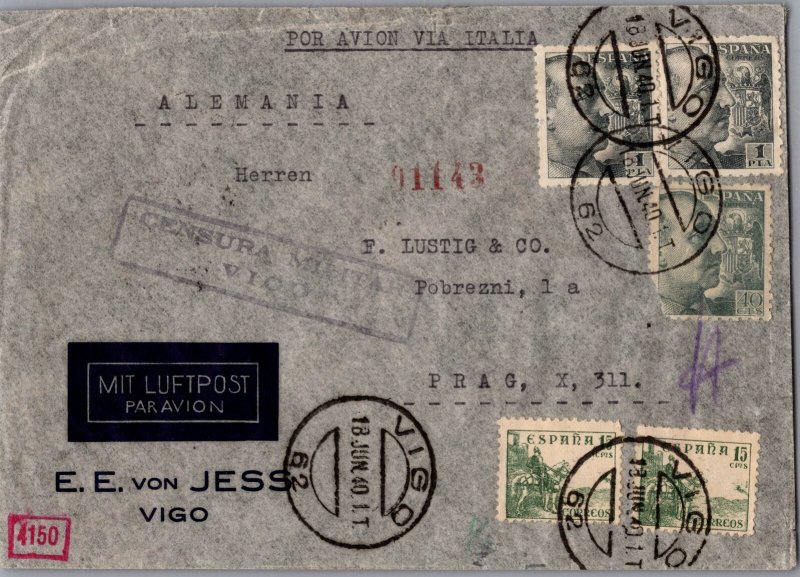 1940 Spain Vigo Militar Censor Lati Airmail Cover Via Italia to Germany