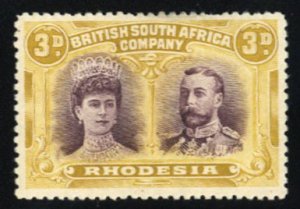 Rhodesia #105 Cat$50, 1910 3p olive yellow and violet, hinged