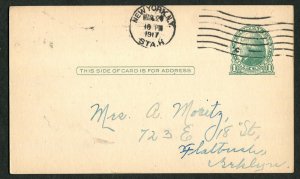 1917 US Postal Card New York Station H to Brooklyn Flatbush Family Visit