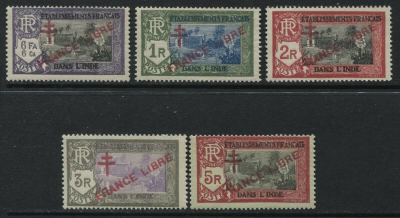 French India 5 overprinted FRANCE LIBRE values to 5R mint o.g. 
