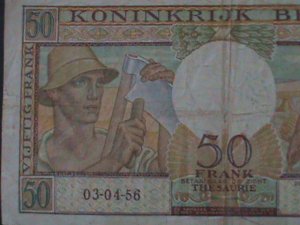 ​BELGIUM-1956- KONINKRIJK-BELGIUM-50-FRANCS-LT..CIRULATED NOTE-VF-68 YEARS OLD