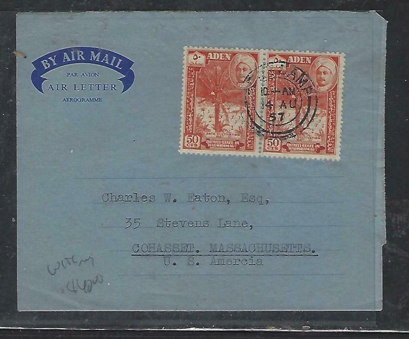 ADEN QU'AITI COVER (PP1311B)  1957 50CX2  FORMULA AEROGRAM TO USA