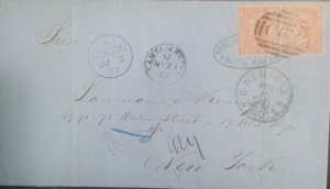 J) 1872 COLOMBIA BRITISH POST OFFICES OFFICES ABROAD TO NEW YORK, SANTA MARTA C6