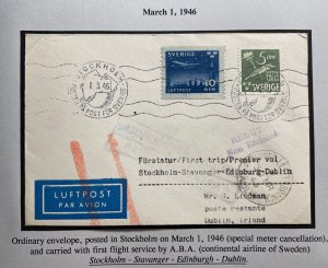 1946 Stockholm Sweden First Flight Airmail Cover FDC To Dublin Ireland  ABA