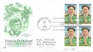 1988 FDC, #2377, 22c Francis D. Ouimet, Art Craft, plate block of 4