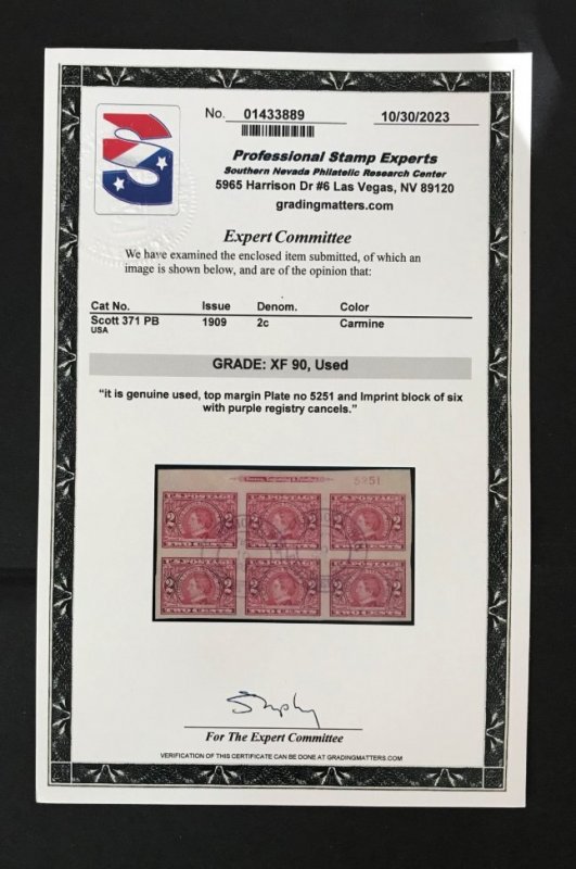 US #371 Used XF TOP Plate Block of 6, #5251. PSE 90 . Registry Cancels. 14216