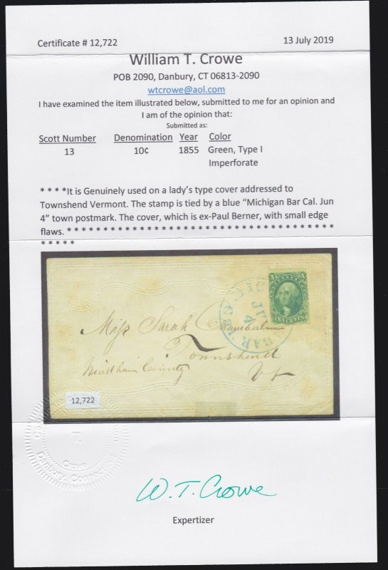 US 13 10c Washington Type I on Cover with Crowe Cert F-VF SCV $900