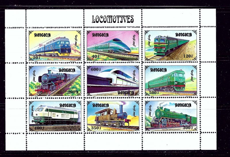 Mongolia 2255 MNH 1997 Locomotives sheet of 9
