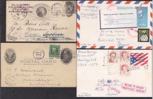 FOUR POSTAL CARDS incl #UX9 #UXC20 all w Adhesive to FOREIGN DESTINATIONS