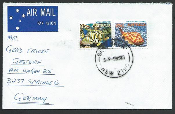 AUSTRALIA 1986 airmail cover to Germany - 85c & 25c Fish...................12863