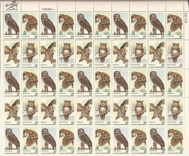 US Stamp - 1978 Wildlife Conservation - Owls - 50 Stamp Sheet #1760-3