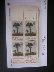 Scott 2343, 25c South Carolina, PB4 #A11111 UR, MNH Commemorative Beauty