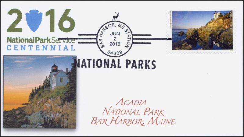 2016, National Parks, Centennial, Acadia NP, BW Postmark, Bar Harbor ME. 16-170