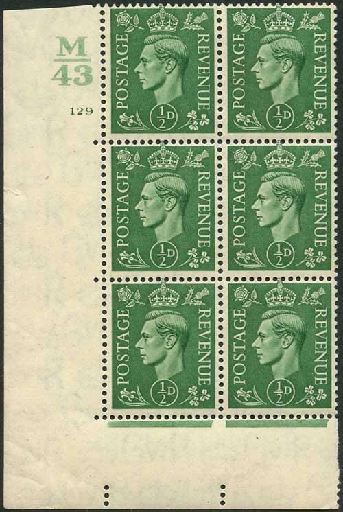 KGVI 1/2d Pale Green With Marginal Rule Cylinder M43 129 No Dot (E/I) M/M