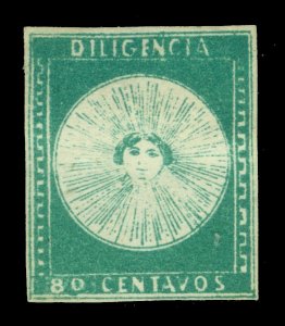 URUGUAY 1856  DILIGENCIAS  80c emerald green  Scott # 2b  mint MH  XF stamp