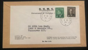 1951  Canadian Base PO His Majesty Service Cover Economy War Label To Vancouver
