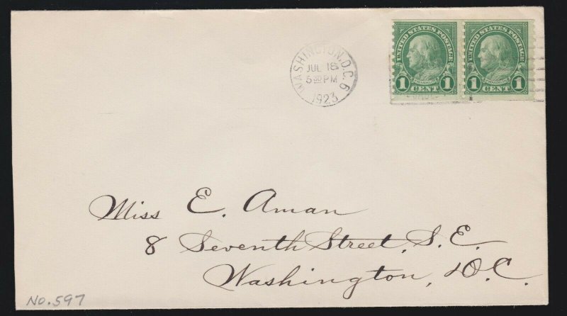 US 597 1c Franklin Coil Pair on Seybold First Day Cover VF SCV $600