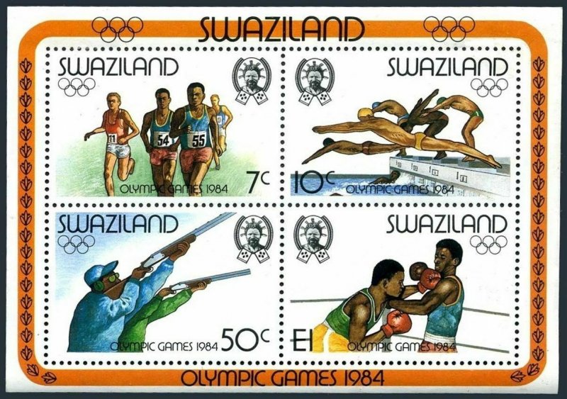 Swaziland 456a sheet,lightly hinged. Olympics Los Angeles-1984.Swimming,Shooting