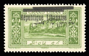 Lebanon #87a Cat$35, 1929 .50p yellow green, Arabic overprint inverted, hinged